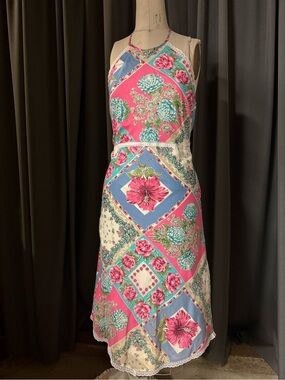 Vintage BCBG Floral Halter Boho Midi Dress in Pink, Blue and Cream